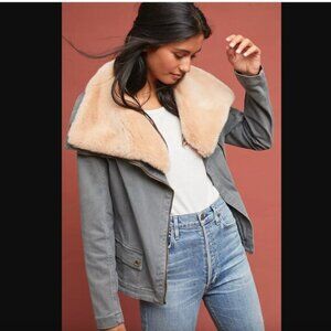 Anthropologie Marrakech Elegant Olive Utility Jacket with Tan Faux Fur Collar